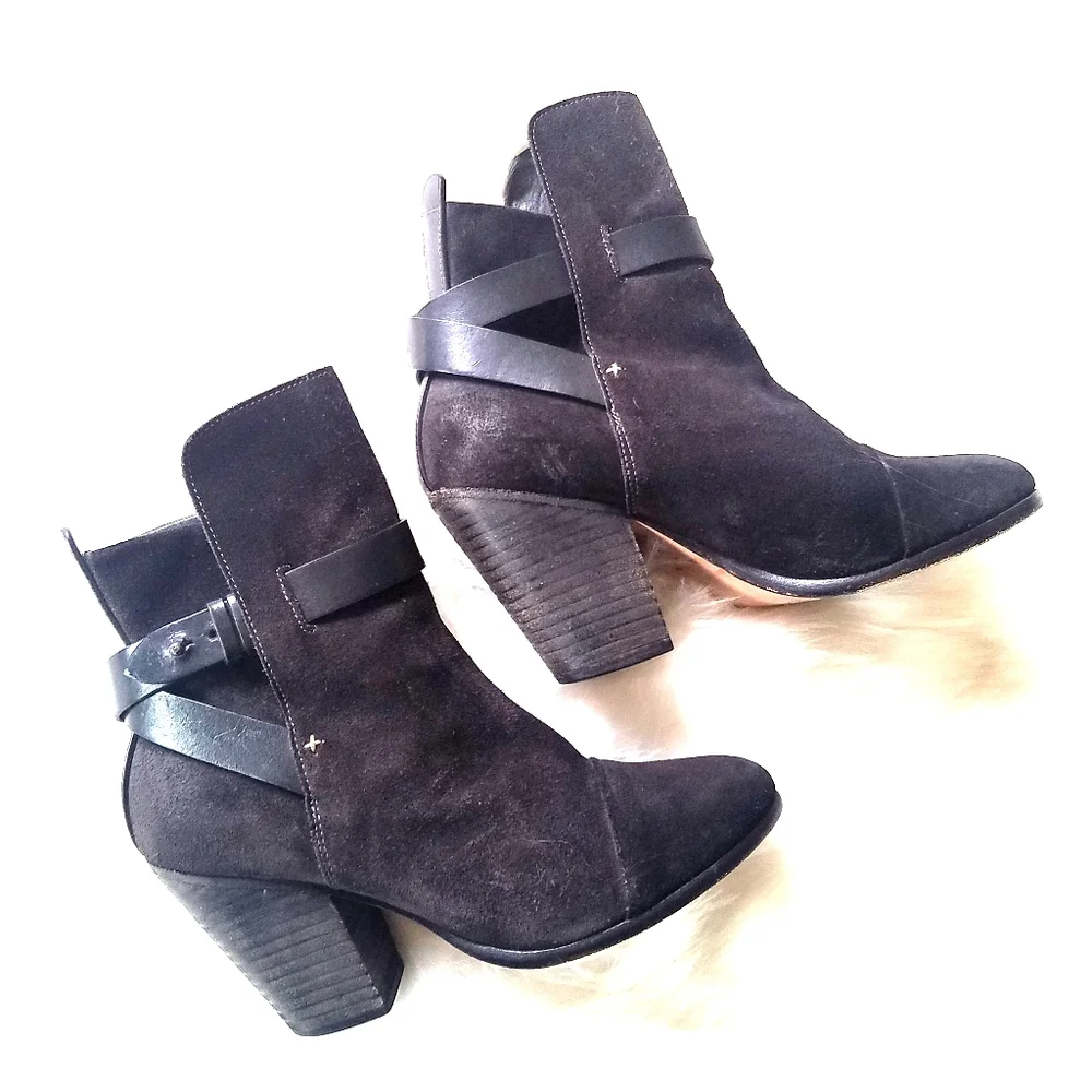 Rag & Bone Harrow Black Suede Leather Ankle Boots Chunky Stacked Heel sz38